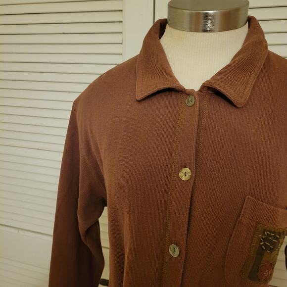 Onque Casual Vintage Cotton Button Up Shirt Women's Small Brown Embroidered - Picture 3 of 13